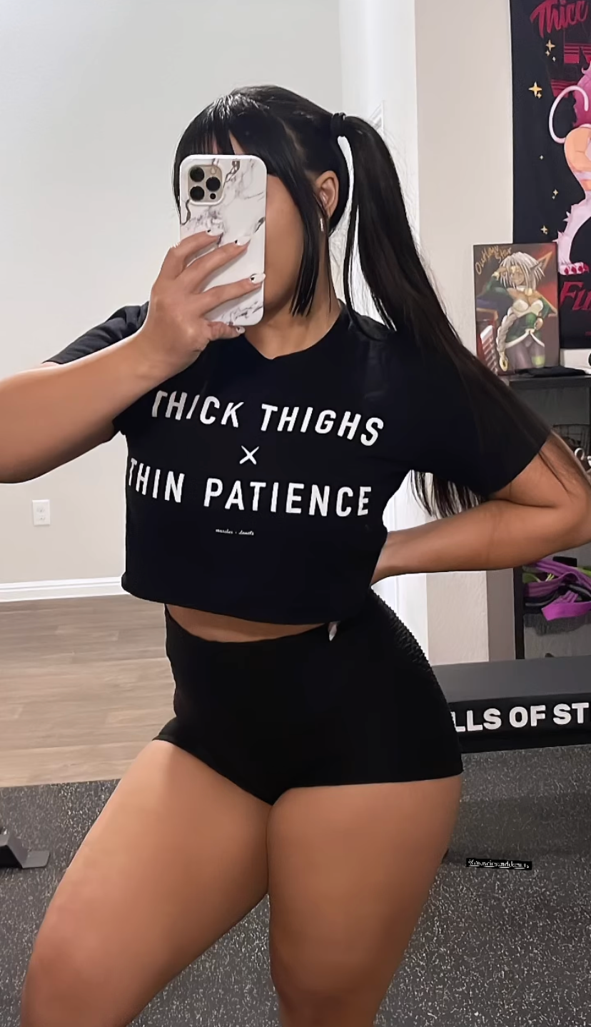 Thick Thighs + Thin Patience - Black Cropped Tee – Muscles and Donuts