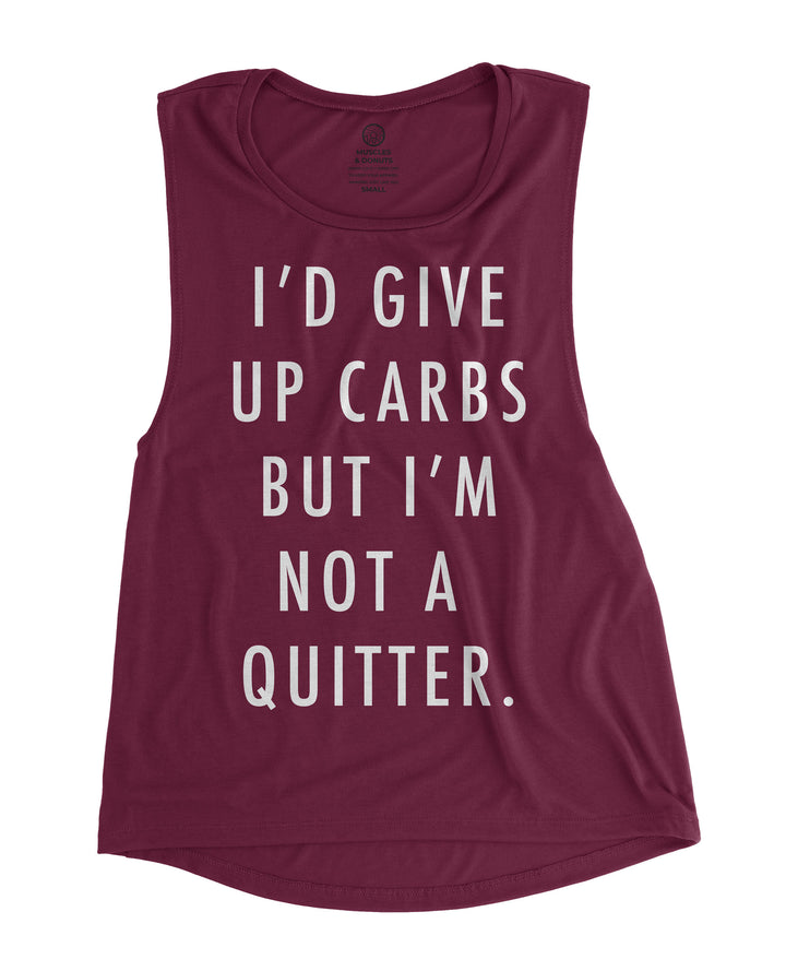 muscles and donuts I'd give up carbs but i'm not a quitter maroon muscle tank