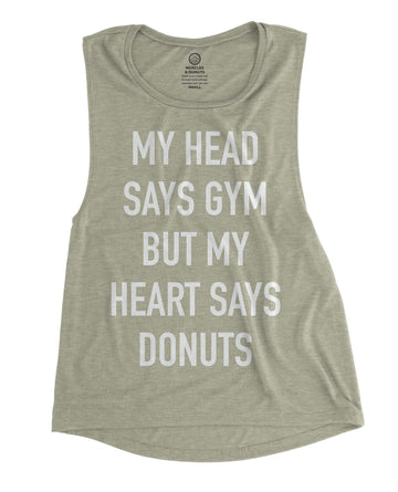 muscles and donuts my head says gym but my heart says donuts heather stone muscle tank
